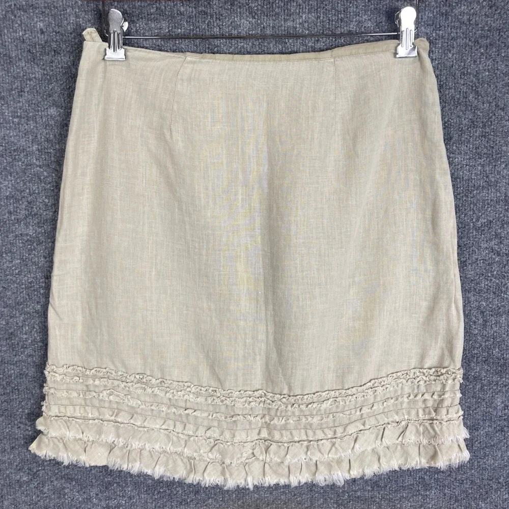 Tommy Bahama 100% Linen Skirt Womens 4 Beige Excellent Ruffle Hem Side Zip Lined